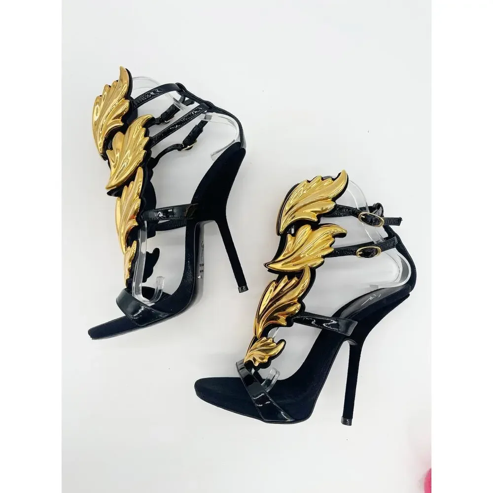 Giuseppe Zanotti Rare Cruel Summer Coline Black Gold Wing Stiletto Sandals IT 36